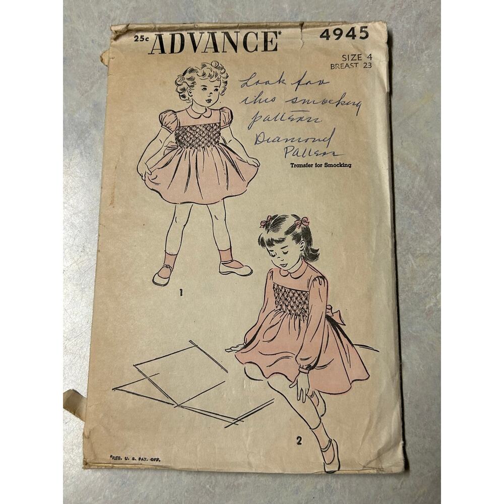 Vintage 1948 Advance Pattern #4945 Toddler Girls Smocked Dress Size‎ 4